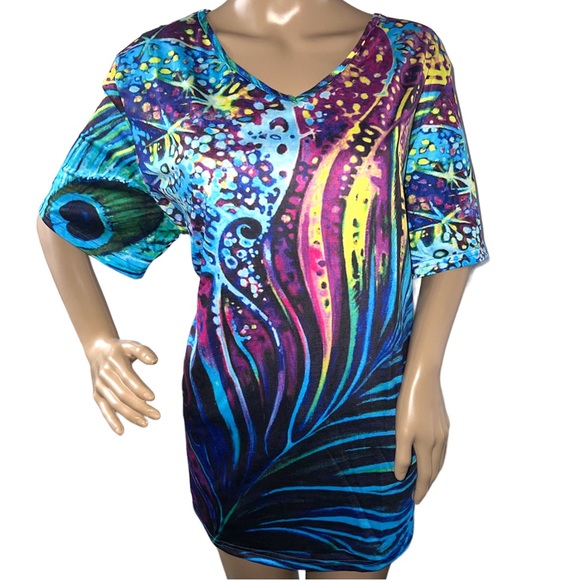 MISSLOOK | COLORFUL PEACOCK FEATHER PRINT SHORT SLEEVE TOP - Picture 8 of 8